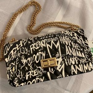 Caleesa Graffiti Print Black and White PU bag with gold chain. Print varies. OS